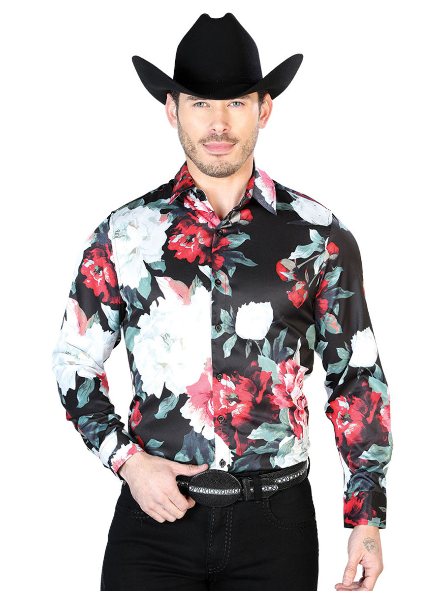 Men's Black And White Flowers Casual Long Sleeve Shirt 43670