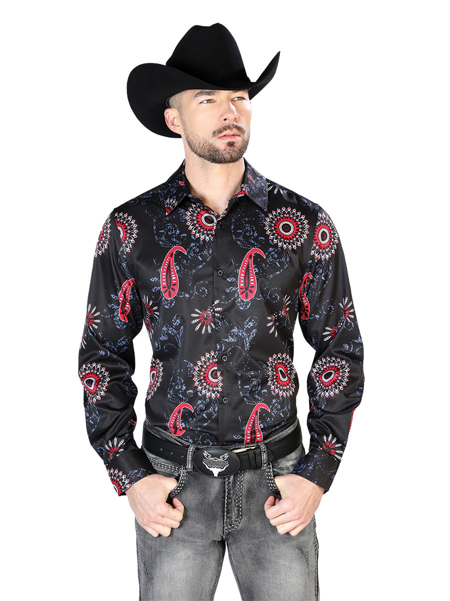 Men's Black Red Casual Long Sleeve Shirt 43673