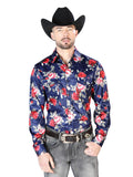 Men's Blue Flower Print Casual Long Sleeve Shirt 43937
