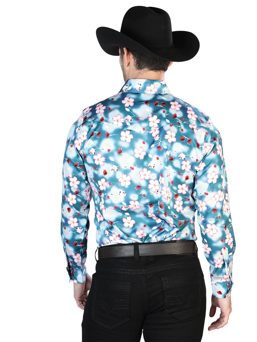 Men's Aqua Flowers Casual Long Sleeve Shirt 43943