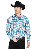 Men's Aqua Flowers Casual Long Sleeve Shirt 43943