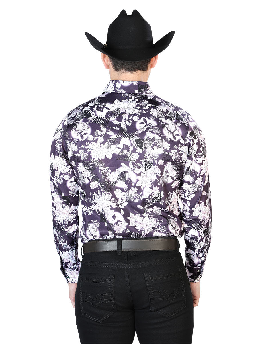 Men's Purple Flower Print Long Sleeve Shirt 43948