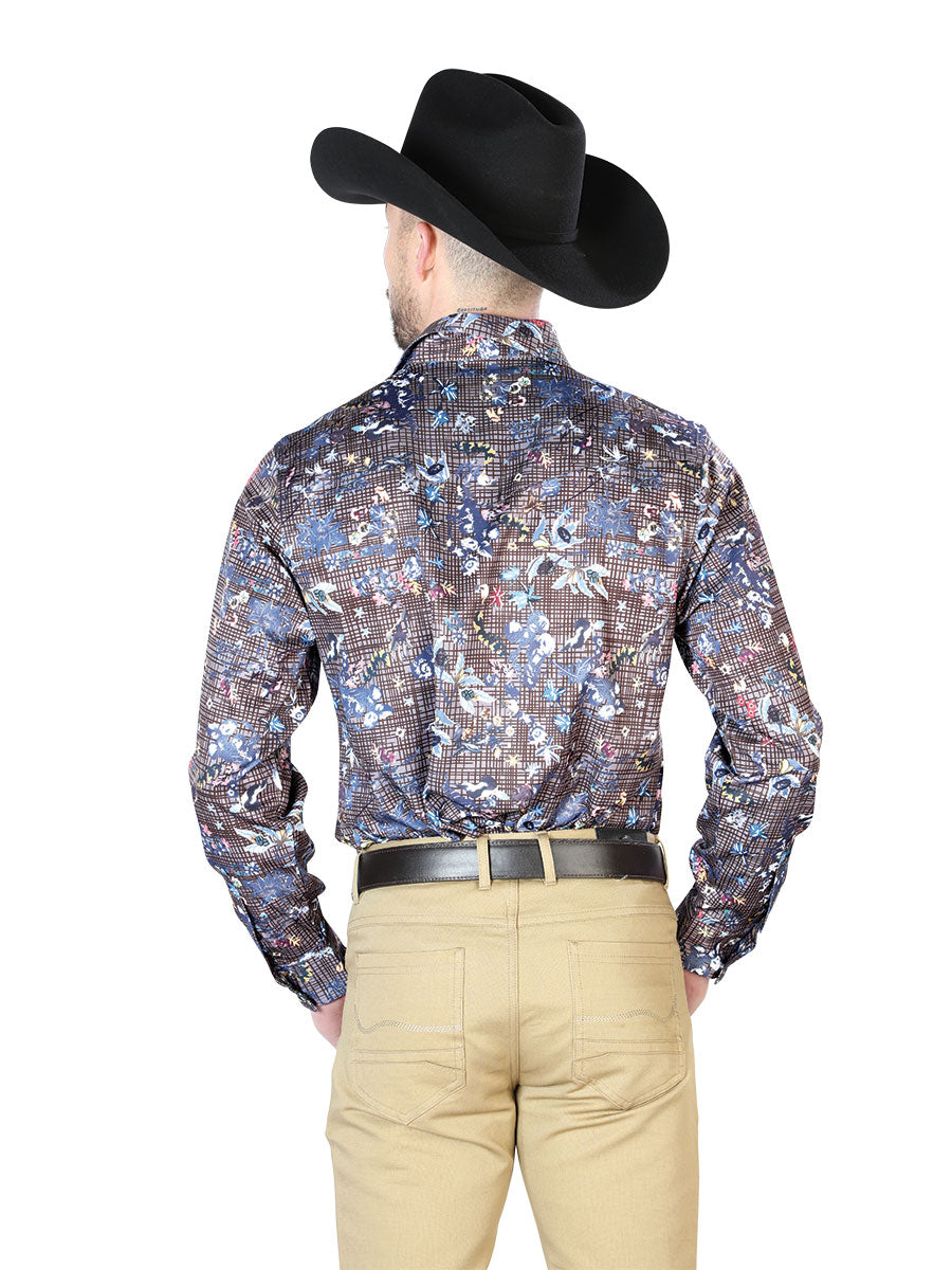Camisa casual de manga larga con estampado floral azul marino 43953