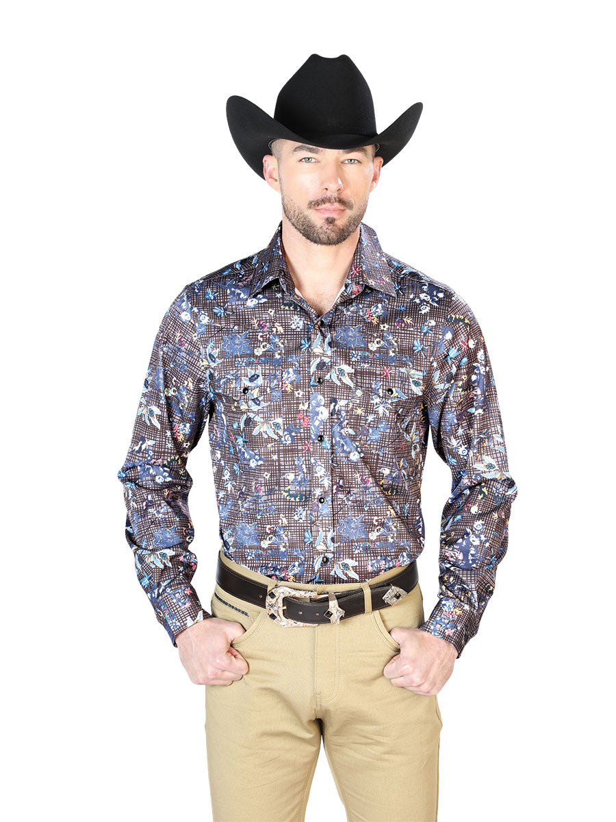 Camisa casual de manga larga con estampado floral azul marino 43953