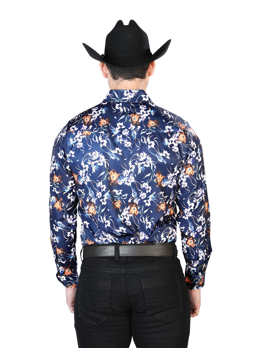 Camisa Casual Manga Larga Flores Azules 43957