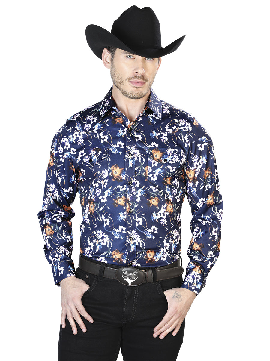 Camisa Casual Manga Larga Flores Azules 43957