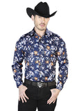 Camisa Casual Manga Larga Flores Azules 43957