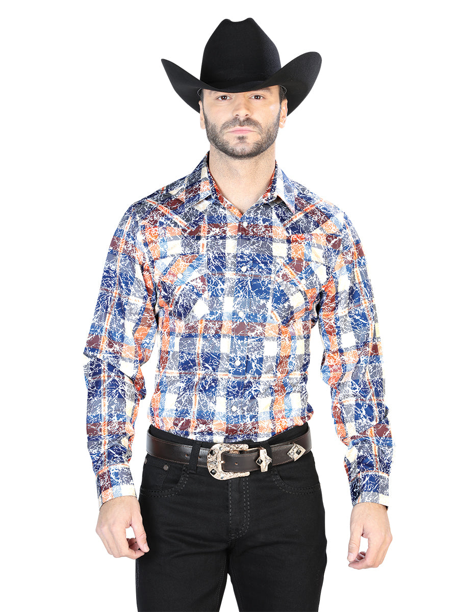 Camisa de Manga Larga Casual Azul Naranja 44063