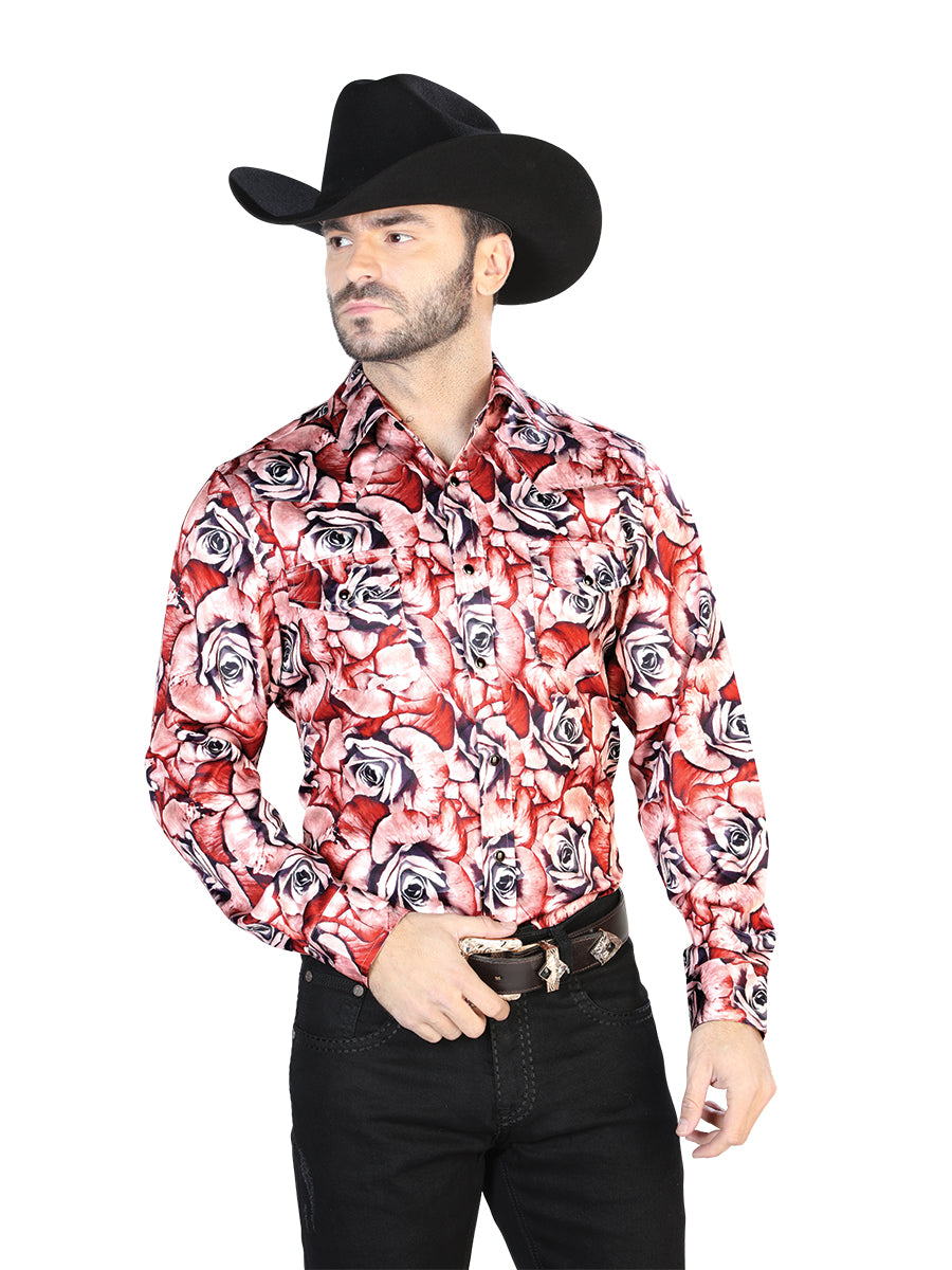 Men's Red With Roses Casual Long Sleeve Shirt 44068