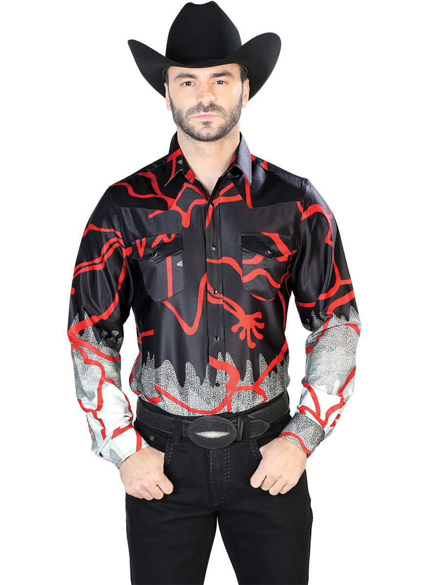 Men's Black Red Casual Long Sleeve Shirt 44074