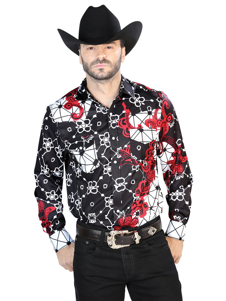 Men's Black And Red Casual Long Sleeve Shirt 44076