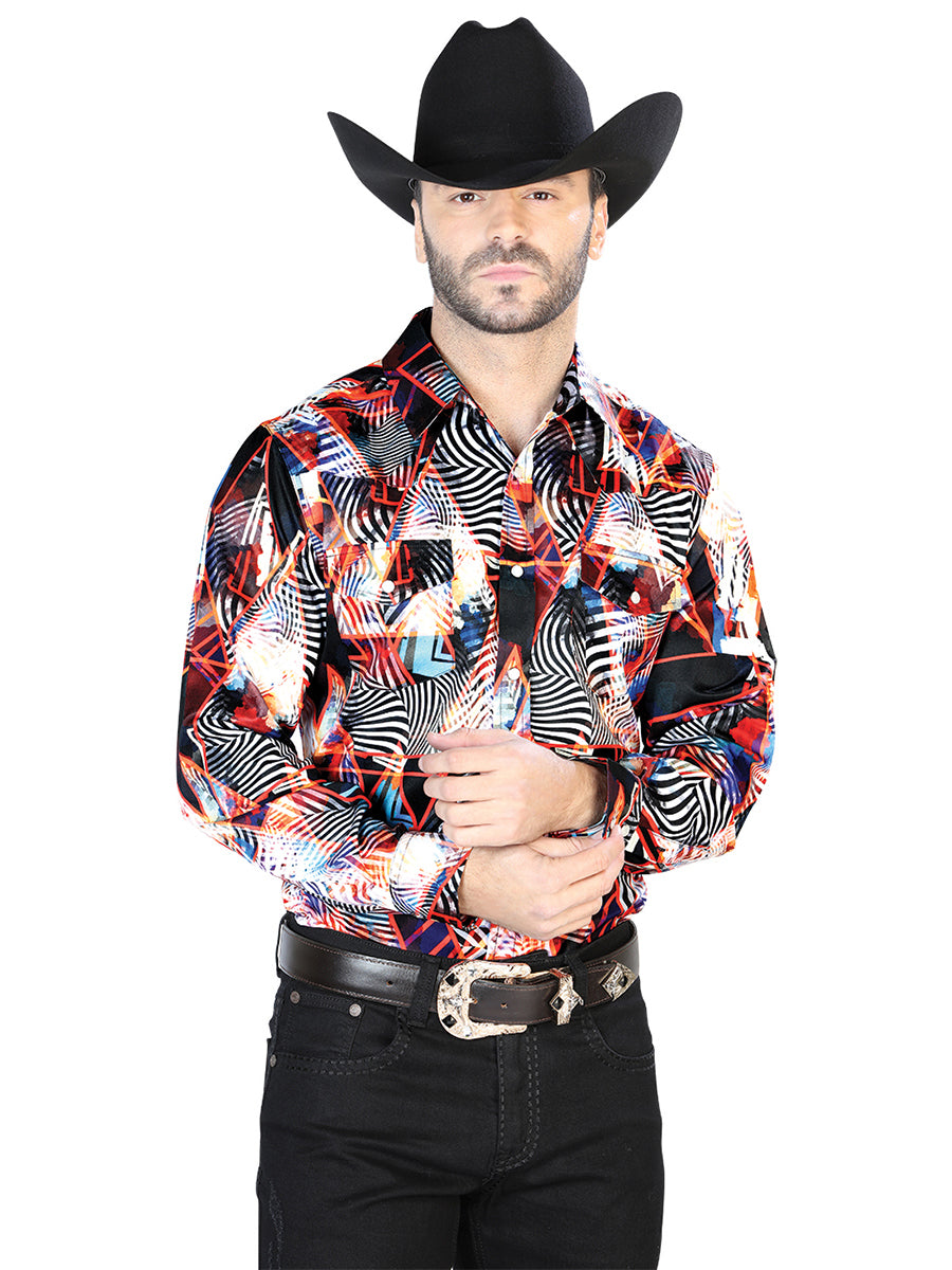 Men's Burgundy/White Casual Long Sleeve Shirt 44084
