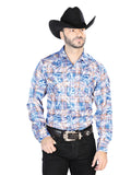 Men's Blue And White Casual Long Sleeve Shirt 44086