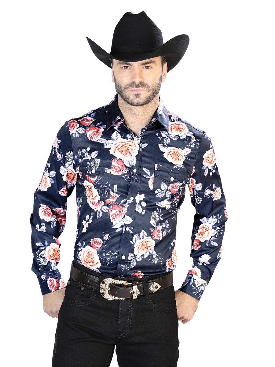 Men's Navy/Roses Casual Long Sleeve Shirt 44089
