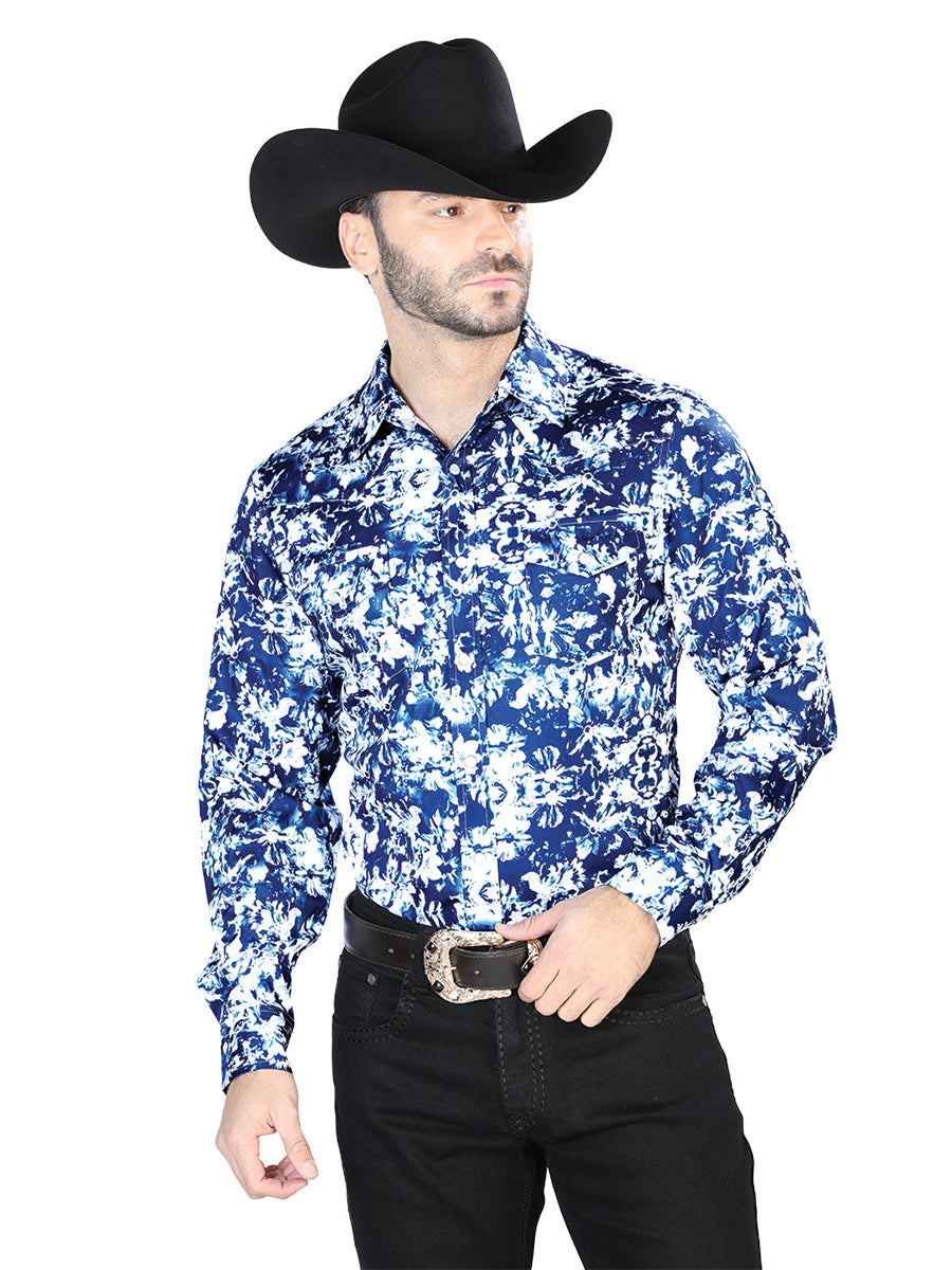 Men's Blue And White Casual Long Sleeve Shirt 44091