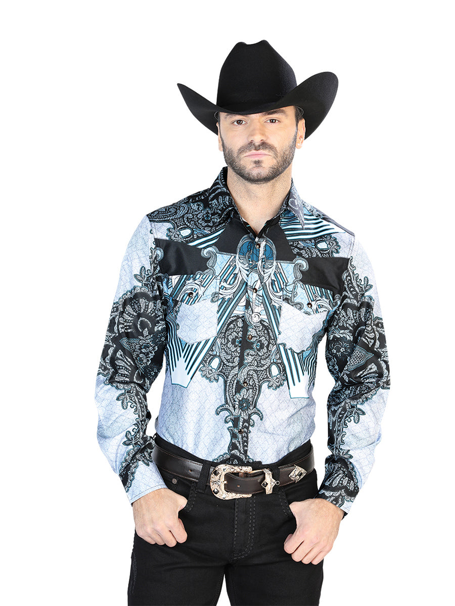 Men's Black Gray Casual Long Sleeve Shirt 44095