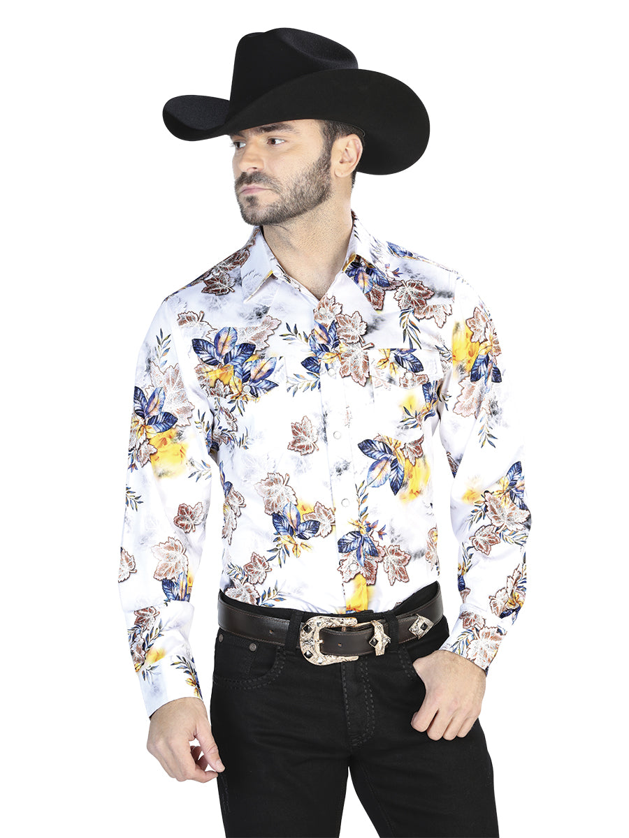 Men's White With Flower Print Casual Long Sleeve Shirt 44097