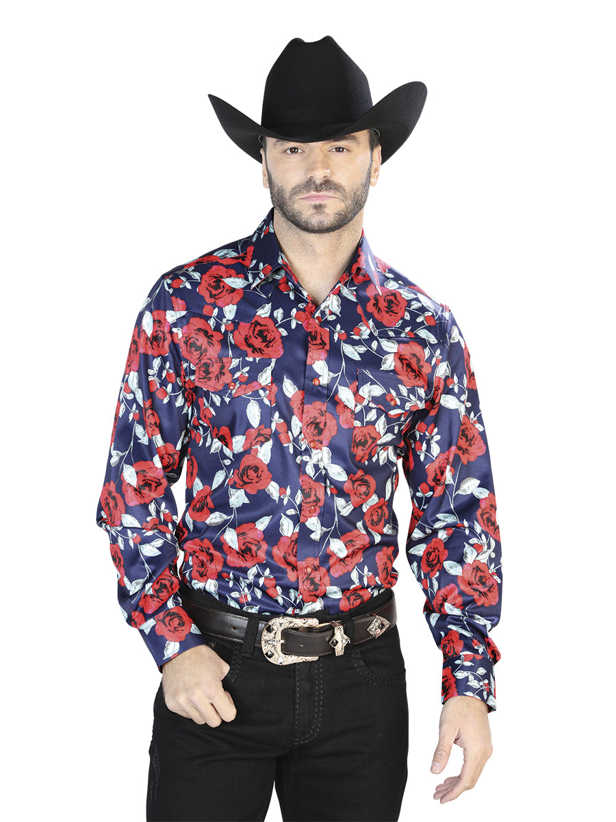 Men's Blue With Print Roses Casual Long Sleeve Shirt 44098