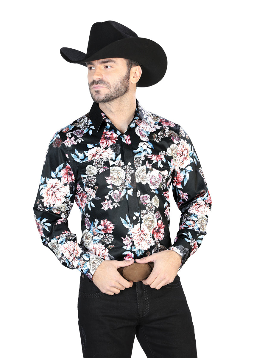 Men's Black/Print Roses Casual Long Sleeve Shirt 44111