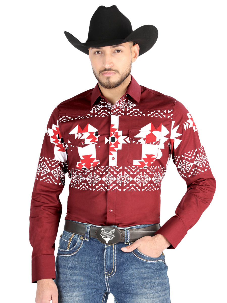 Men's El General - Casual Long Sleeve Shirt - Burgundy 44484
