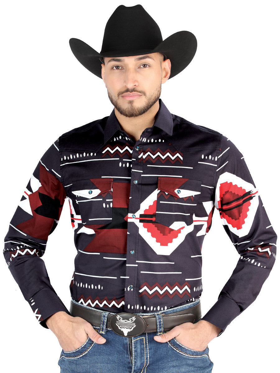 Men's El General - Casual Long Sleeve Shirt - Burgundy 44498