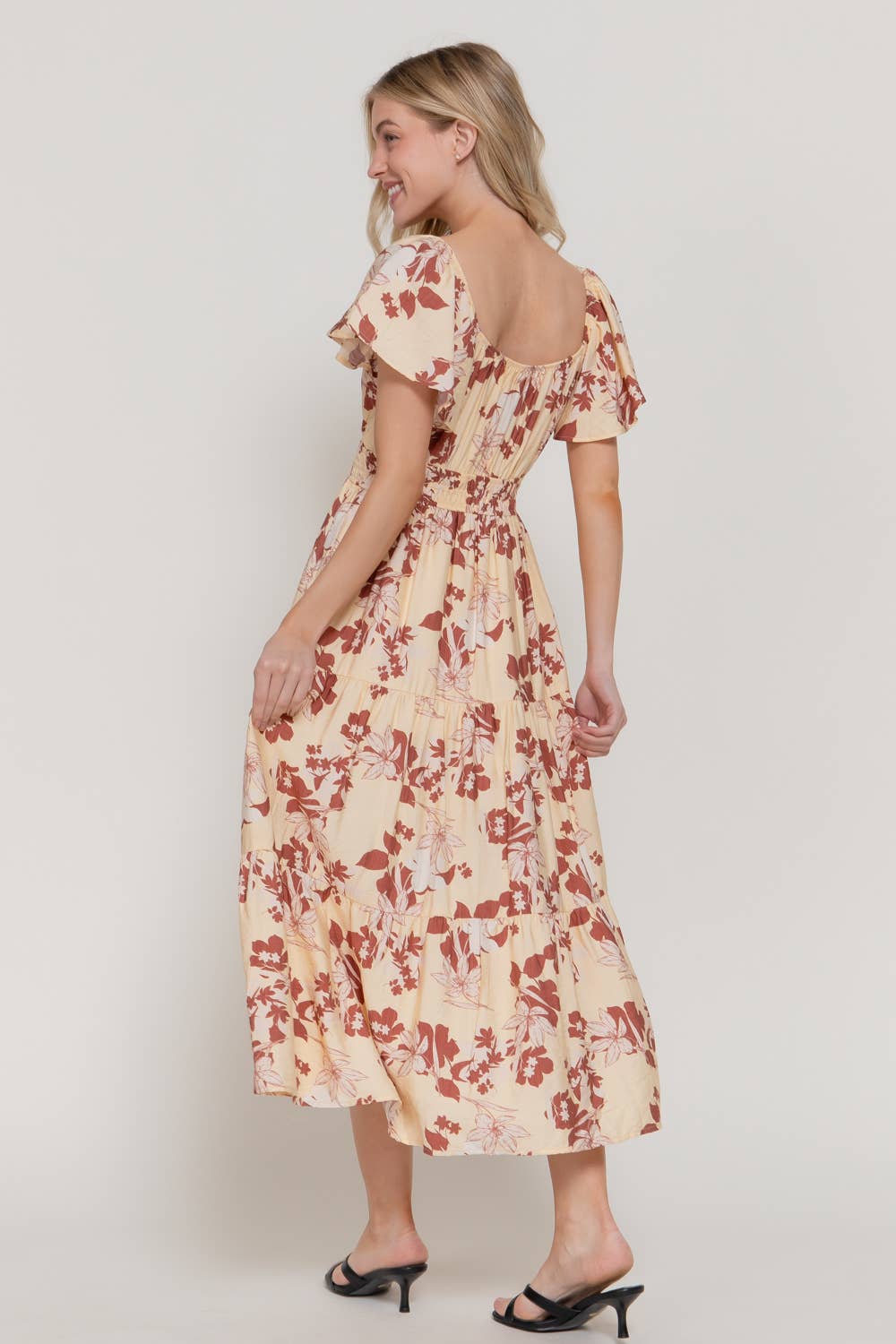 Active USA - Women's Short Flutter Sleeve V-Neck Maxi Printed Dress - D15017