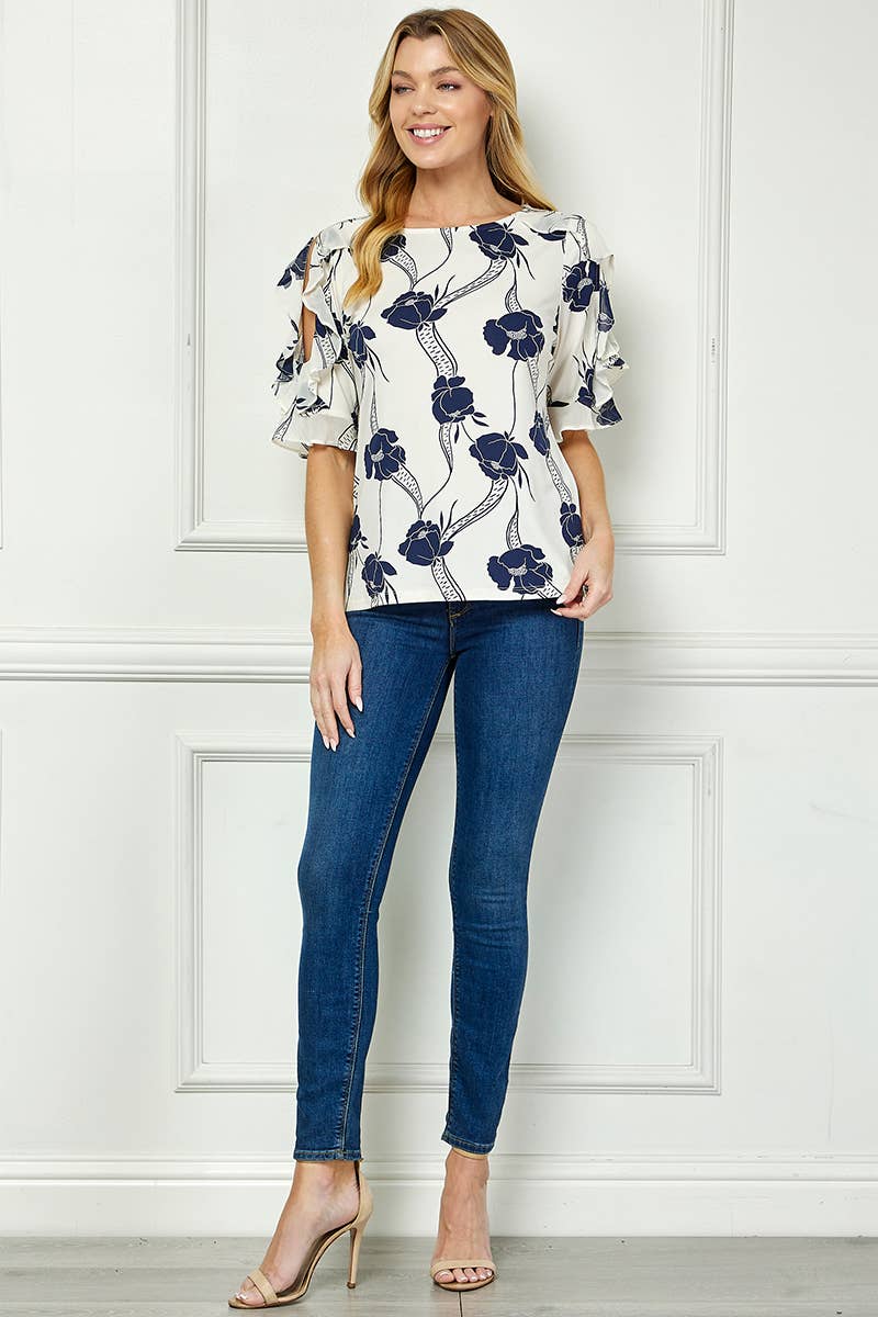 Winslow Collection - Women’s Mono Bloom Cold Shoulder Boatneck Ruffle Blouse - G523101L46