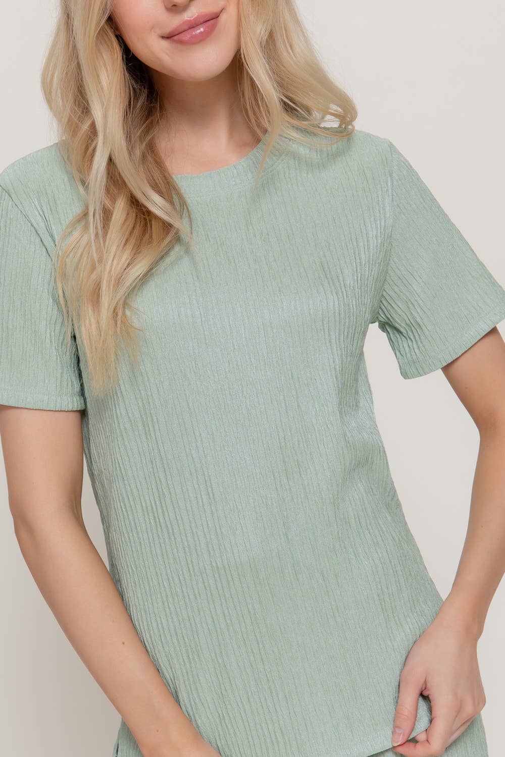 Active USA - Conjunto de top de manga corta y pantalón de punto ancho para mujer - SET14970
