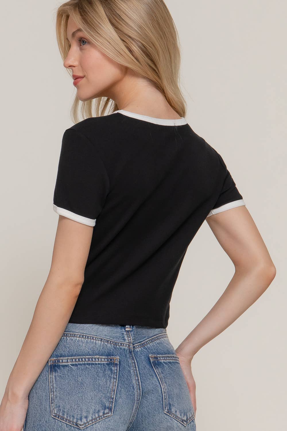 Active USA - Women's Short Sleeve Crew Neck Embroidery Ringer T-shirt - T14440