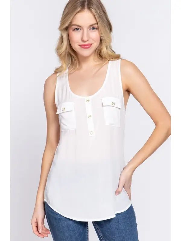 Active USA - Women's Sleeveless Scoop Neck Buttoned Pocket Woven Top - T13395