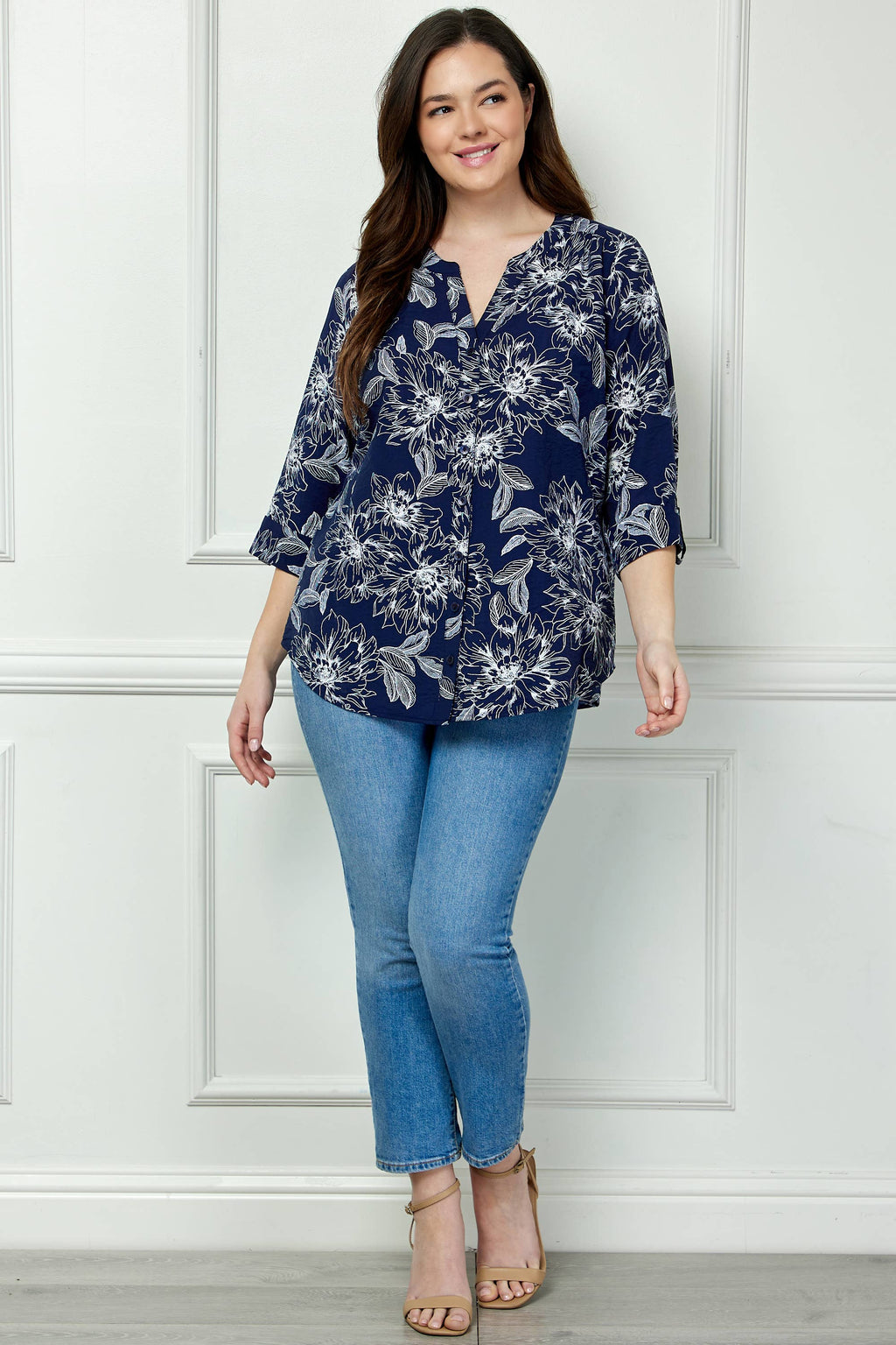 Colección Winslow - Blusa de cuello mandarín con mangas enrollables para mujer [Talla grande] - G946550B13X