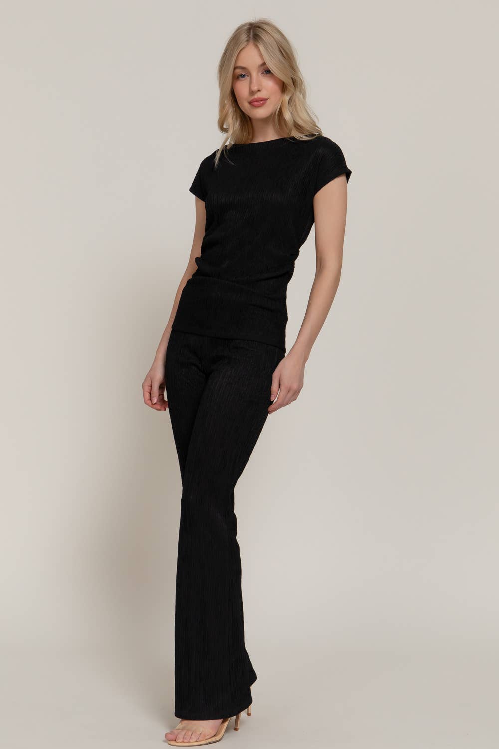 Active USA - Women's Short Dolman Sleeve Top & Flare Long Pants Wavy Crinkle Set - SET14762
