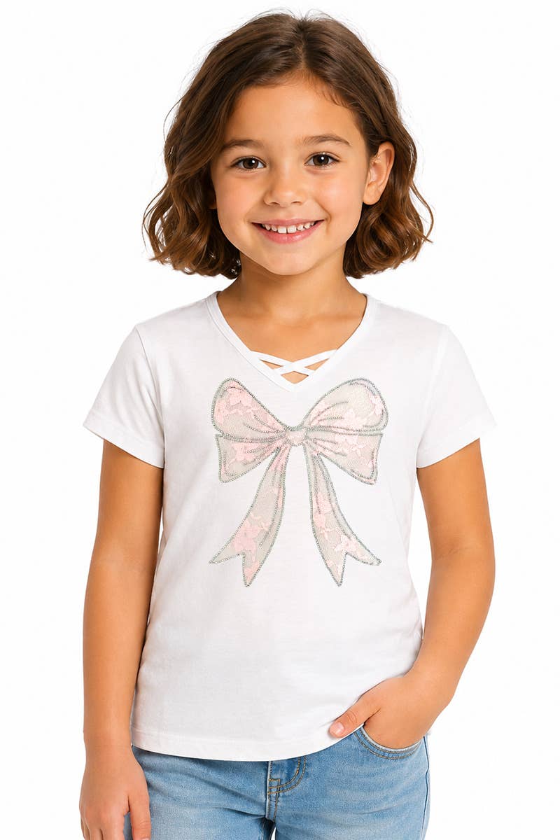 Girl's Graphic Tee with Bow Patch & Rhine - GKT-16810B-833
