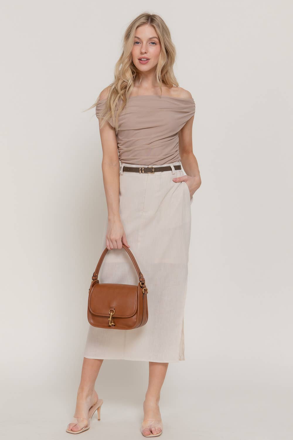 Active USA - Top de malla con hombros descubiertos y fruncido lateral para mujer - T15083