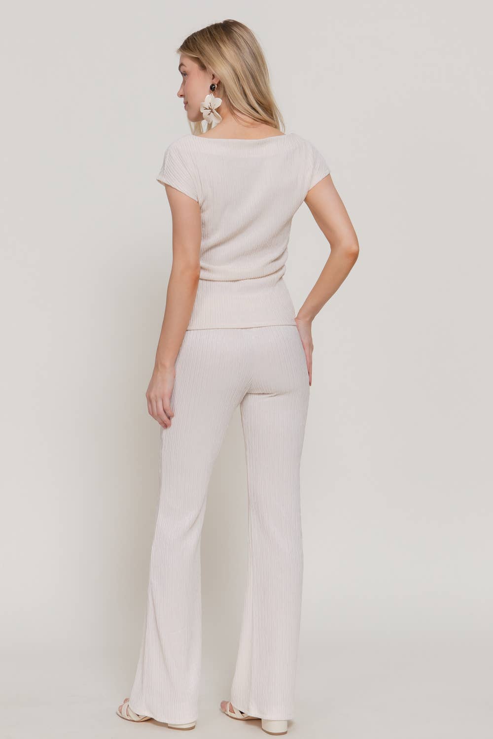 Active USA - Women's Short Dolman Sleeve Top & Flare Long Pants Wavy Crinkle Set - SET14762