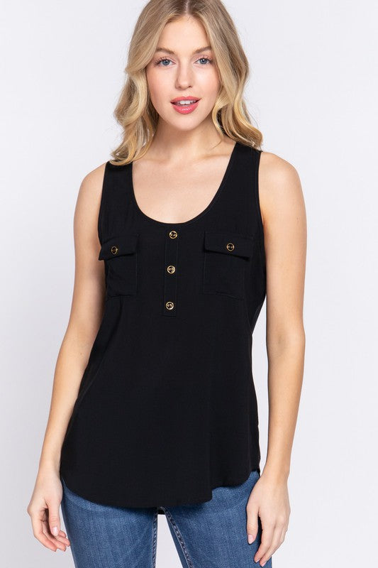 Active USA - Women's Sleeveless Scoop Neck Buttoned Pocket Woven Top - T13395