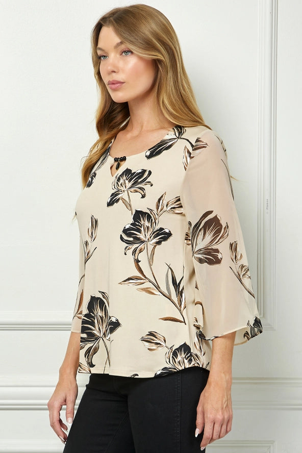 Colección Winslow - Blusa de punto con cuello redondo calado con estampado floral vintage para mujer - G516401M59