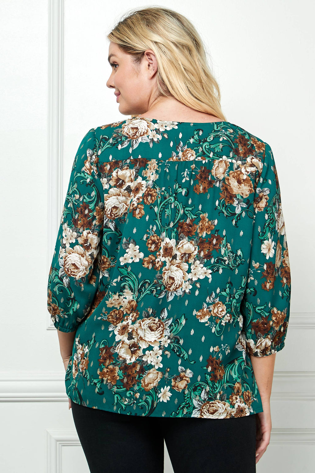 Women's [Plus Size] Elastic Sleeve Trim Neck Front Blouse - G216777N38X