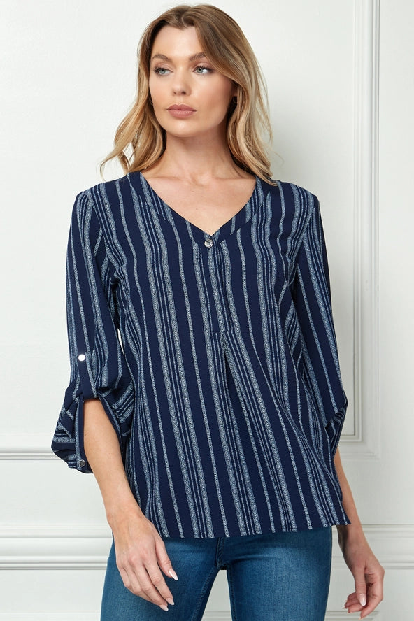 Colección Winslow - Blusa de Mujer con Rayas, Escote en V y Mangas con Botón - G943145G76