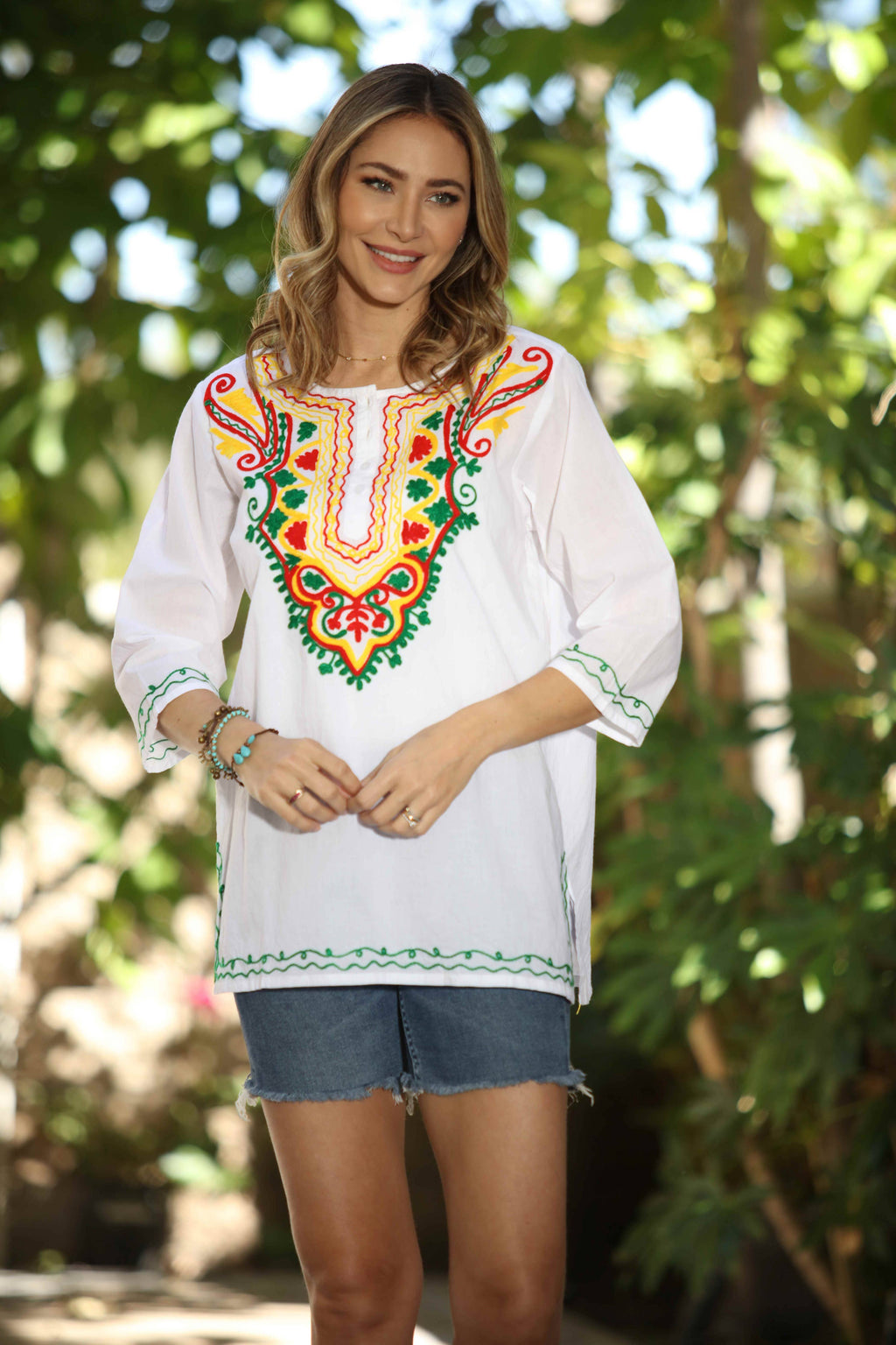 Women’s White Handmade 100% Cotton Embroidered White Orange Tunic Top - 2027