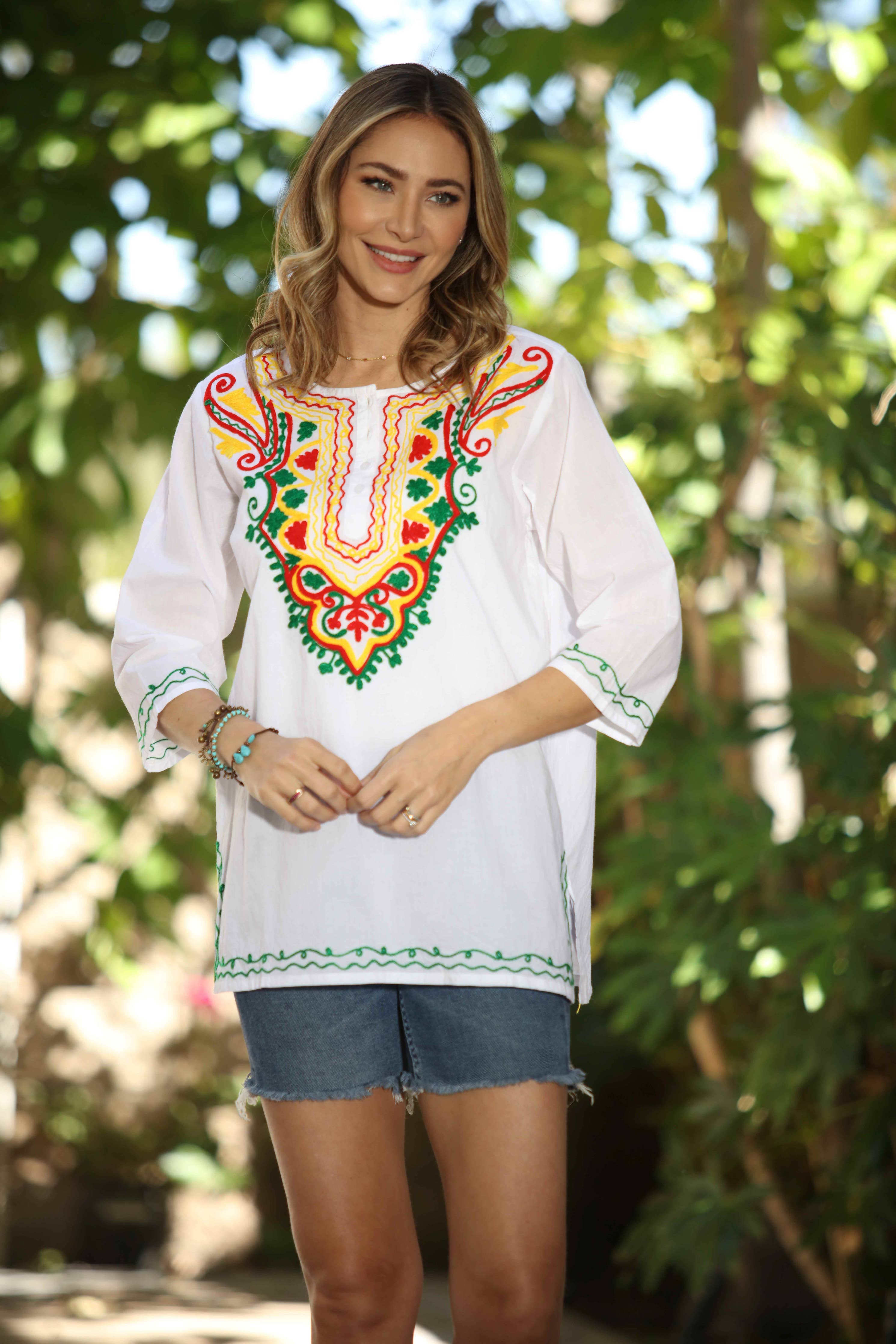 Women’s White Handmade 100% Cotton Embroidered White Orange Tunic Top - 2027