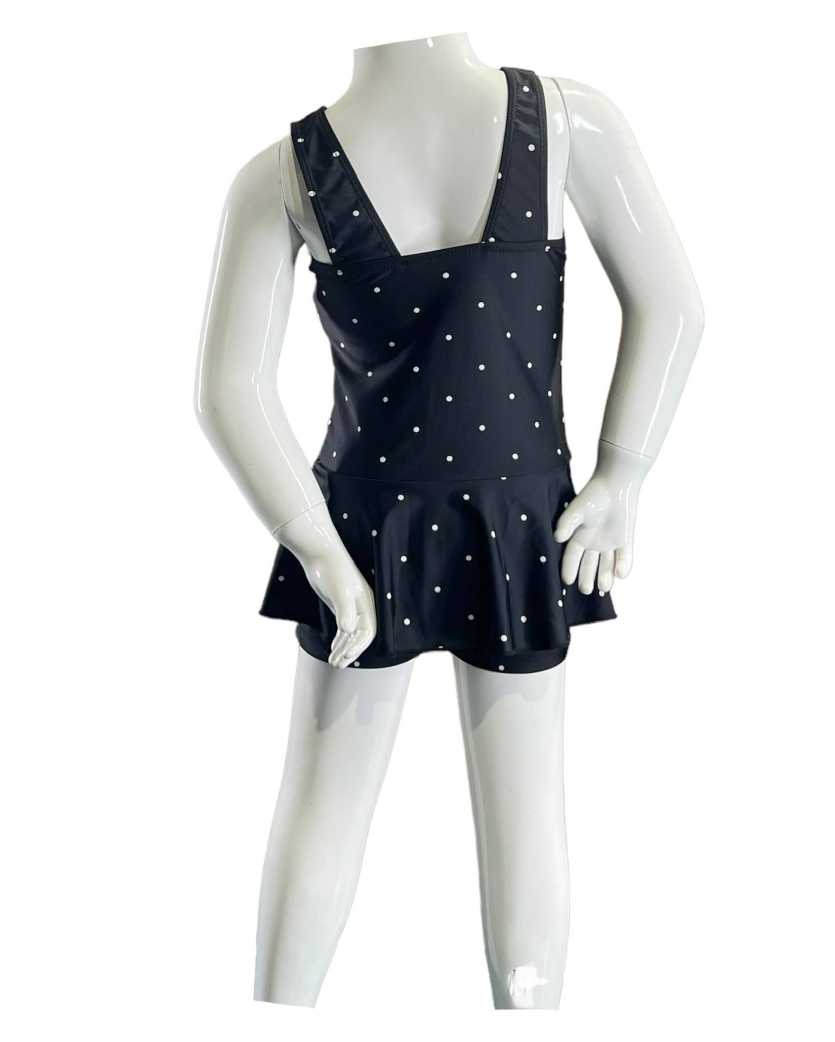 Girls Swim dress 1pc w/boy short under the skirt - Blk/Wht Dot - K4723
