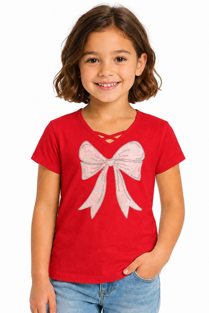 Girl's Graphic Tee with Bow Patch & Rhine - GKT-16810B-833