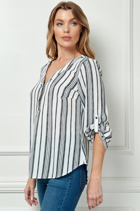 Colección Winslow - Blusa de Mujer con Rayas, Escote en V y Mangas con Botón - G943145G76