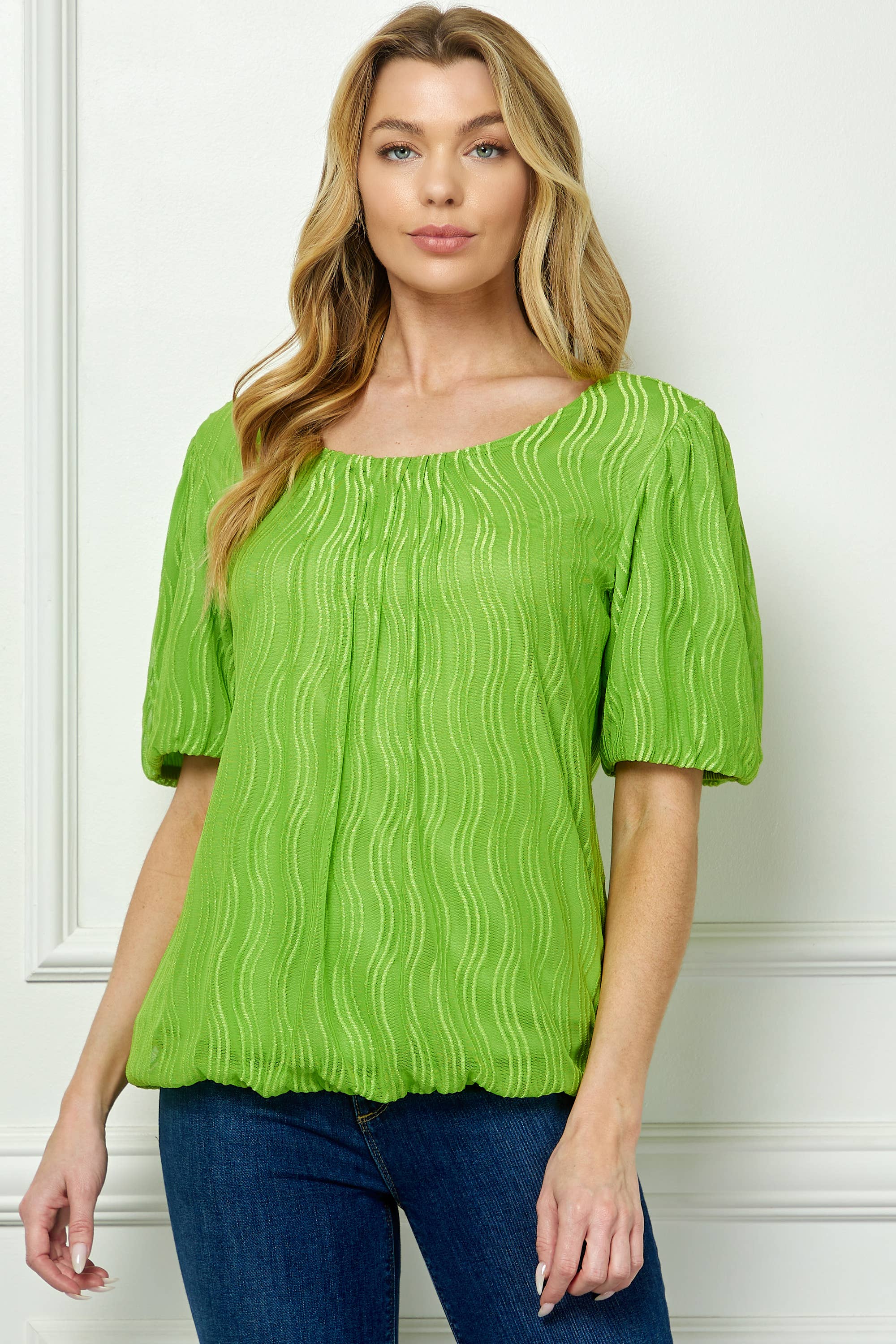 Winslow Collection - Women’s Wave Cord Mesh Bubble Sleeve Pleats Top - G52984T44