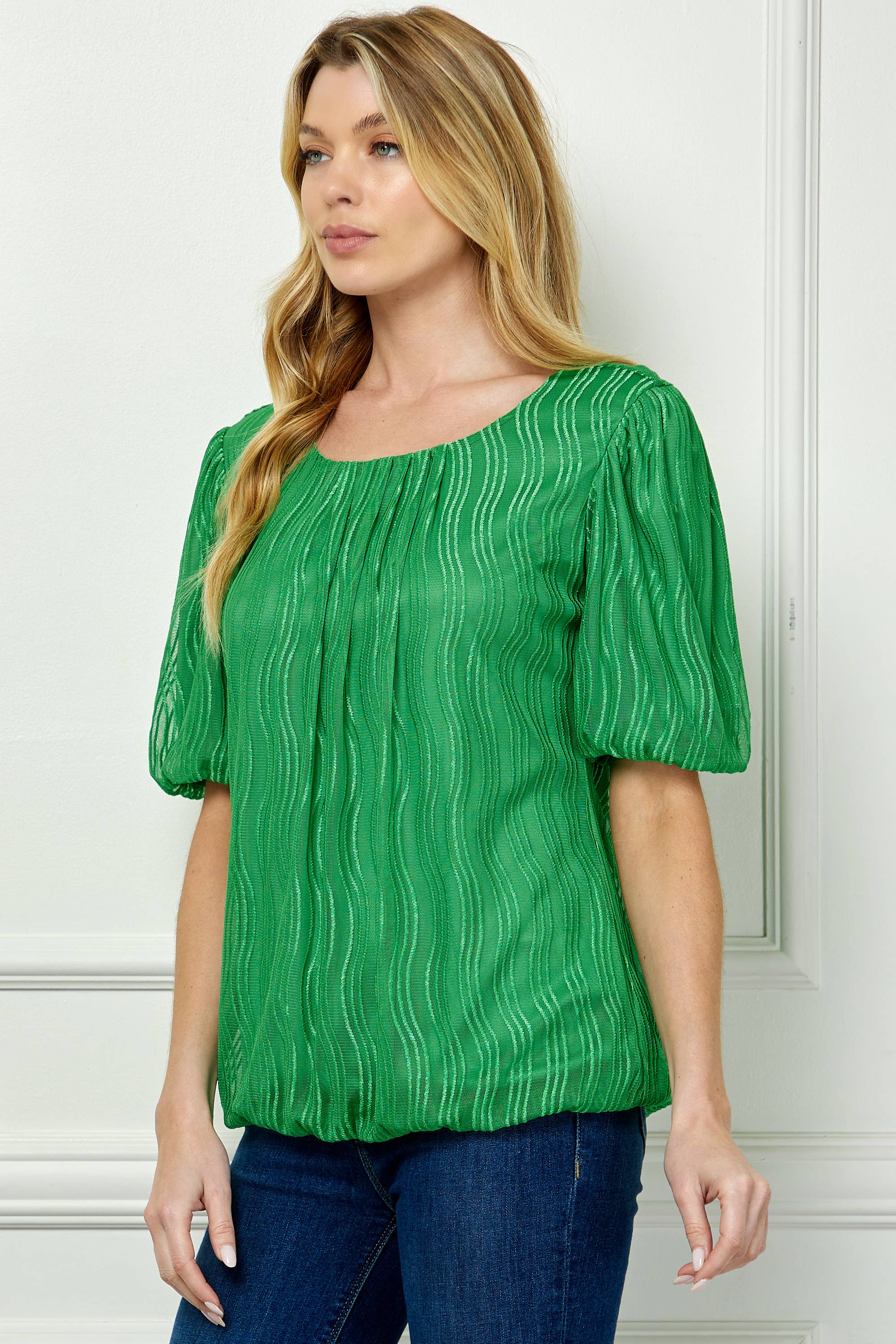 Winslow Collection - Women’s Wave Cord Mesh Bubble Sleeve Pleats Top - G52984T44