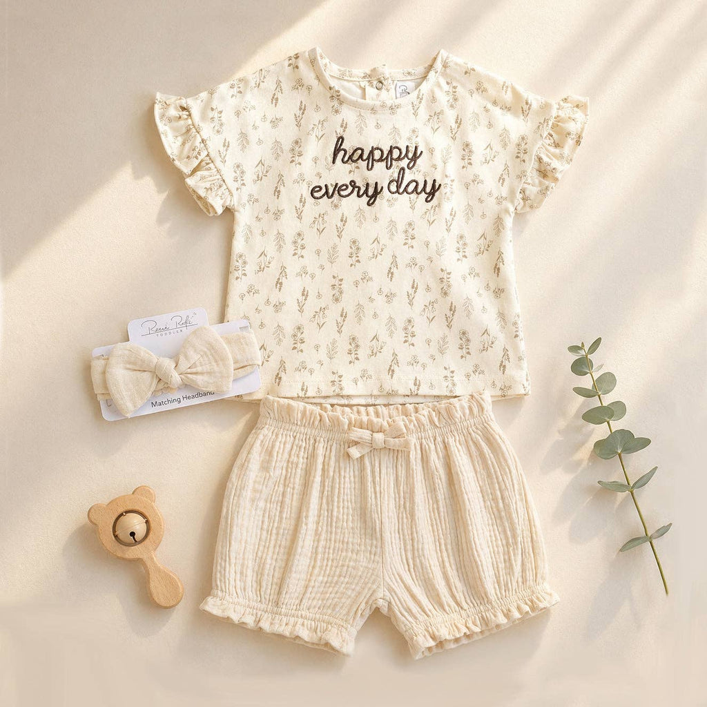 Ropa de verano para bebé niña, conjunto de pantalones cortos y camiseta de algodón con volantes y manga corta - R012J804