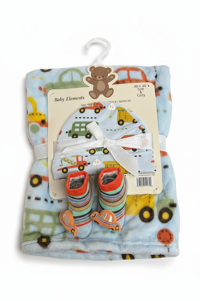 Baby Elements - Boy's Trucks Blanket, Hat and Bootie Set - BHBB114