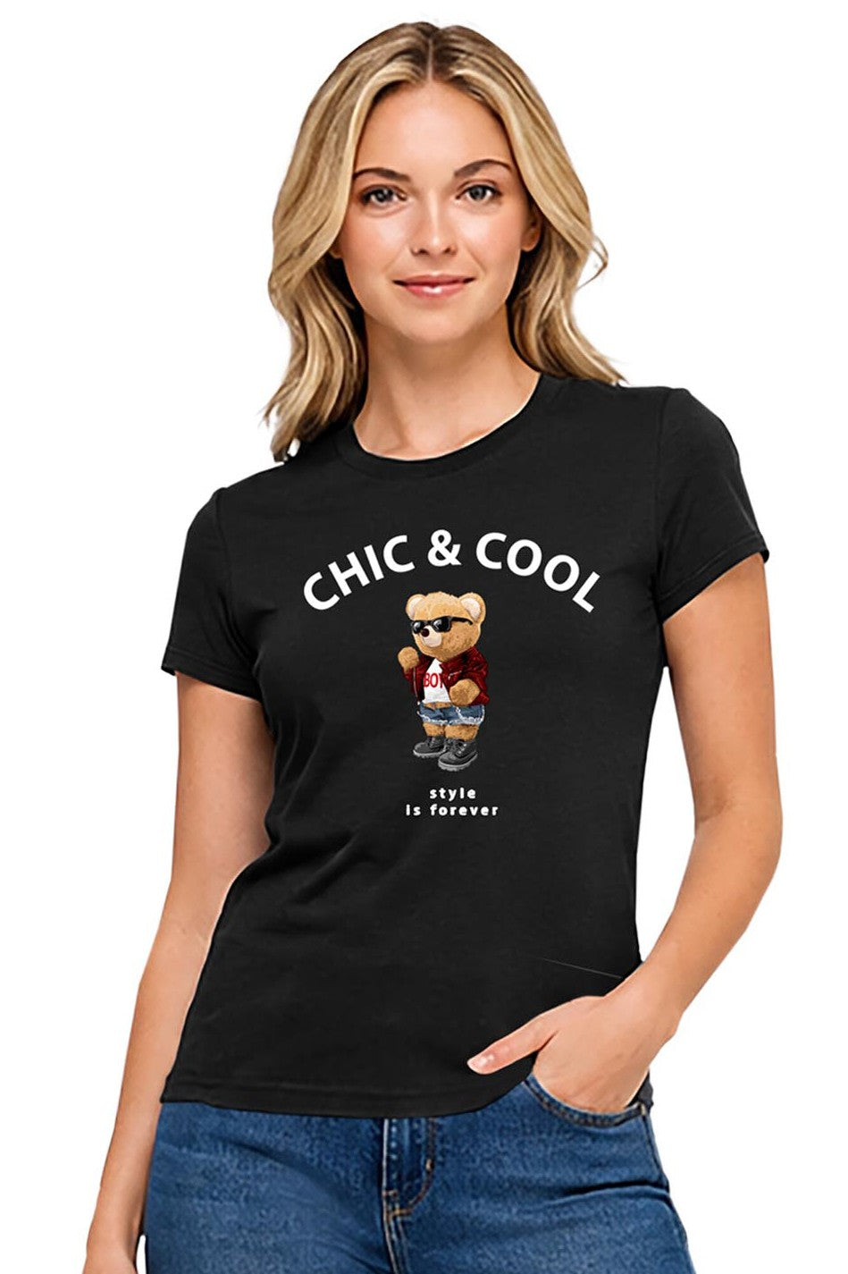 Reflex - Women's Basic Relaxed Short Sleeve T-shirt With Bear Print - S168