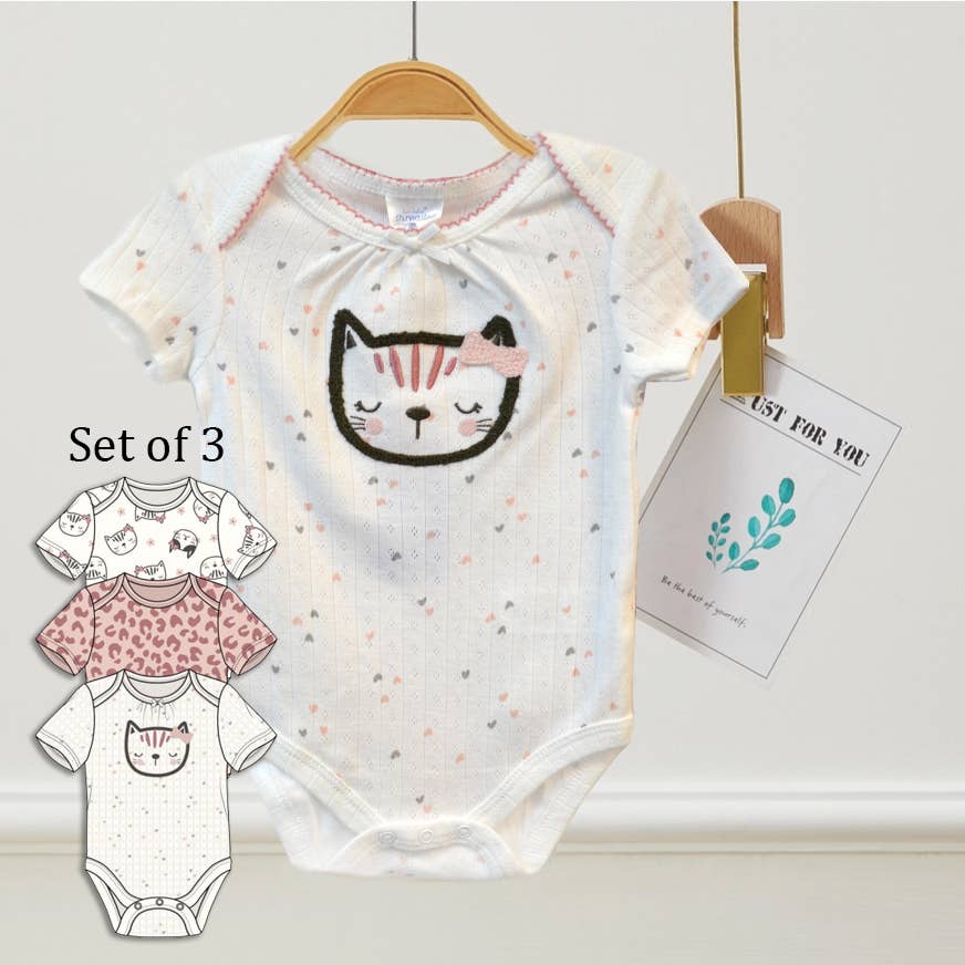 Set of 3 100% Cotton Cream Cat Chenille Embroidery Bodysuits